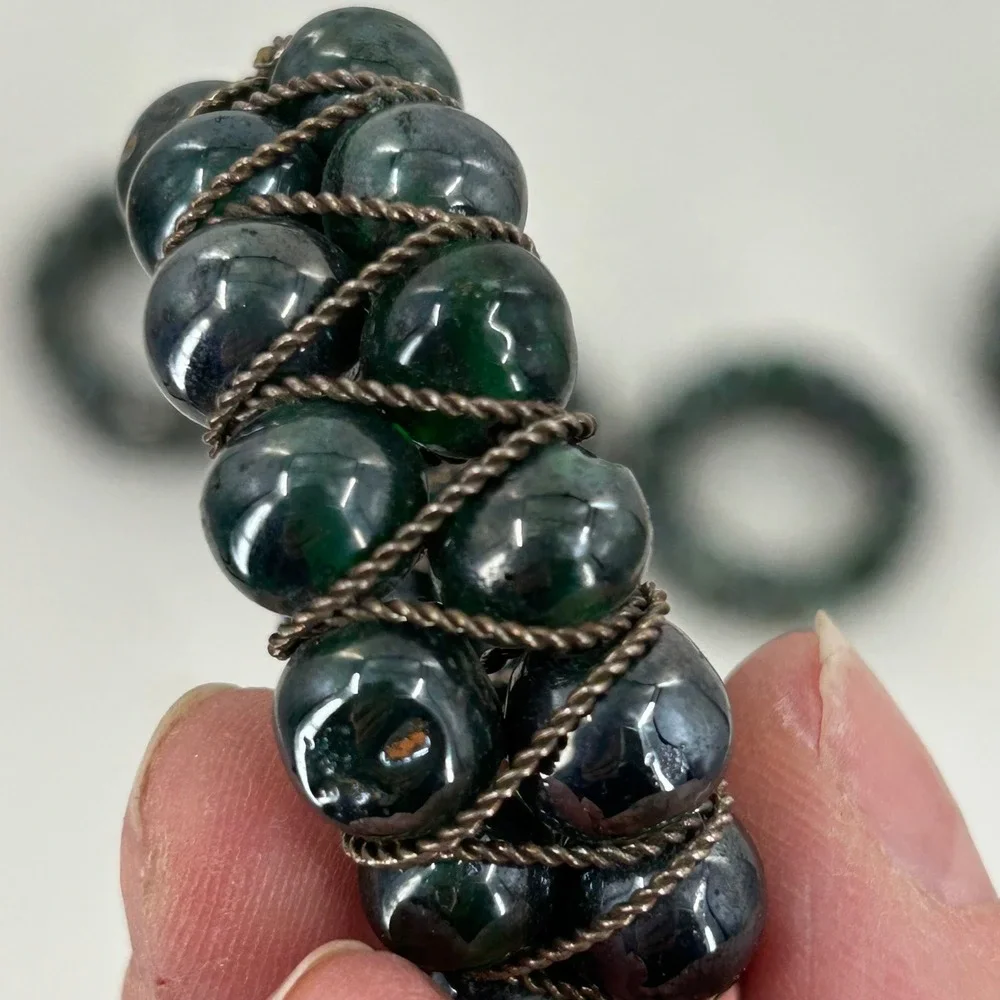 Vintage Beaded Napkin Rings Set of 5 Green Glass Silver Wire Boho Made in India